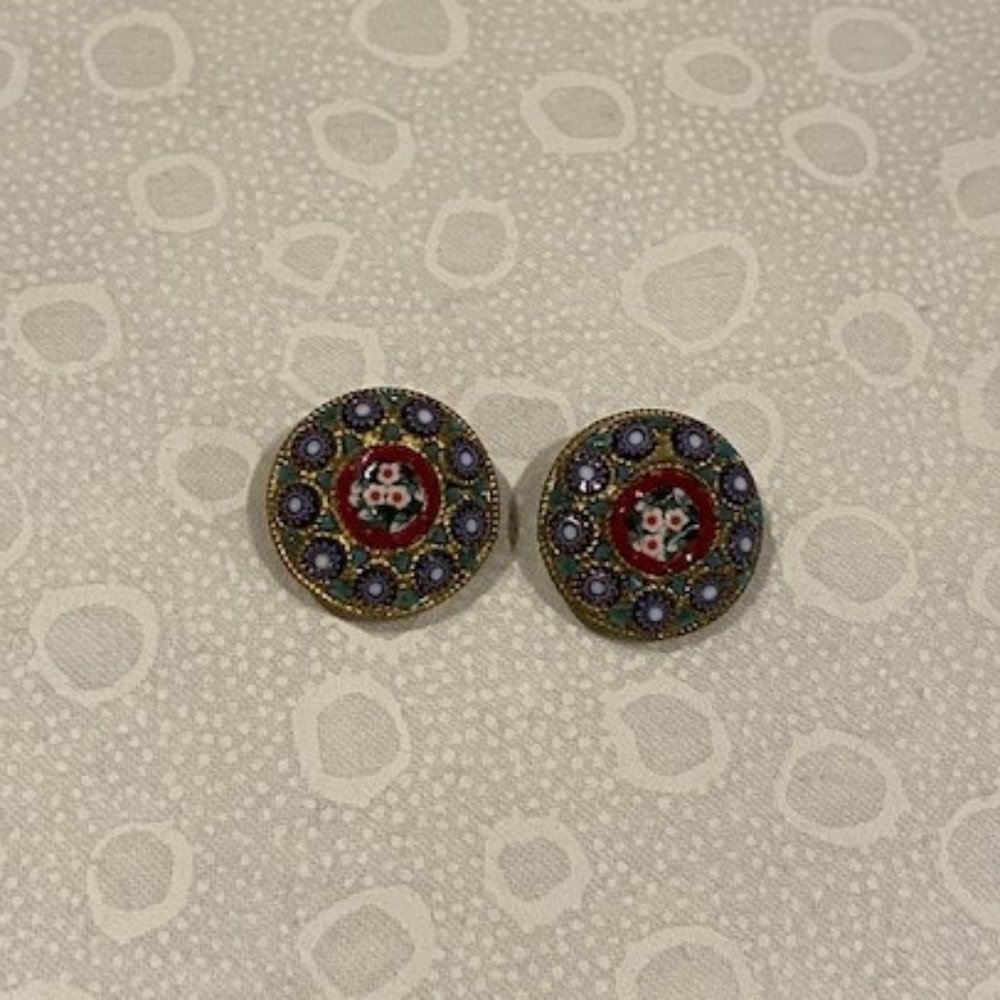 VTG Micro Mosaic Gold Glass Bead EARRINGS - Picture 5 of 6